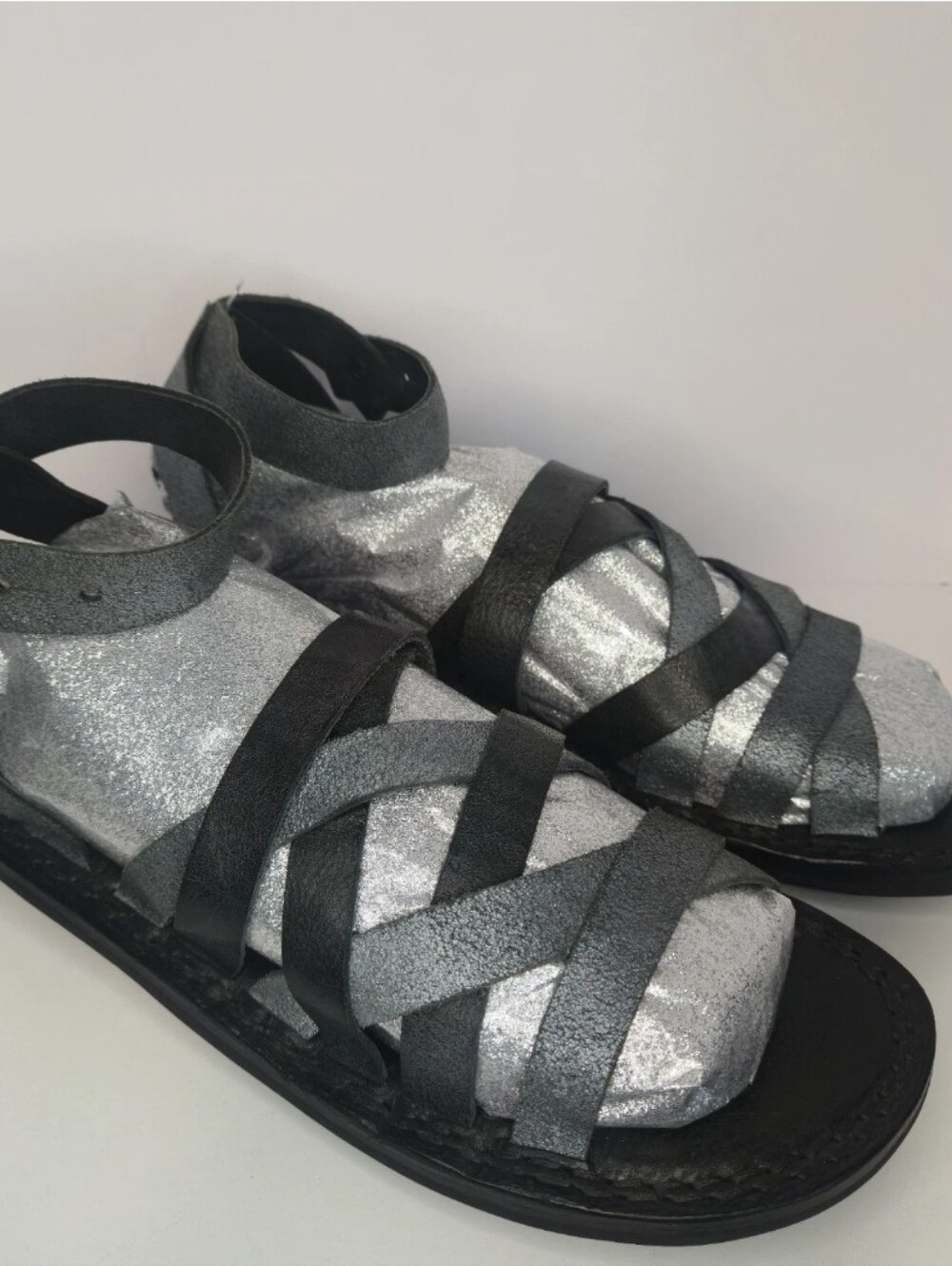 Trippen Napel Sandals Black & Silver Leather Strappy Ankle Buckle Women's EU 38